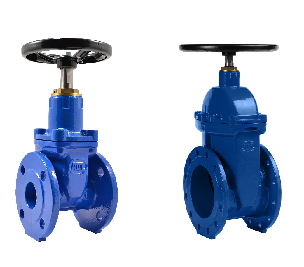 Two blue flanged gate valves of different sizes, commonly used in industrial piping systems.