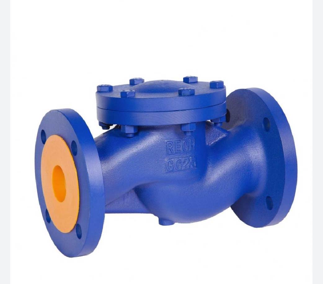 Blue flanged swing check valve with bolted cover and yellow internal lining, used to prevent backflow in pipelines.