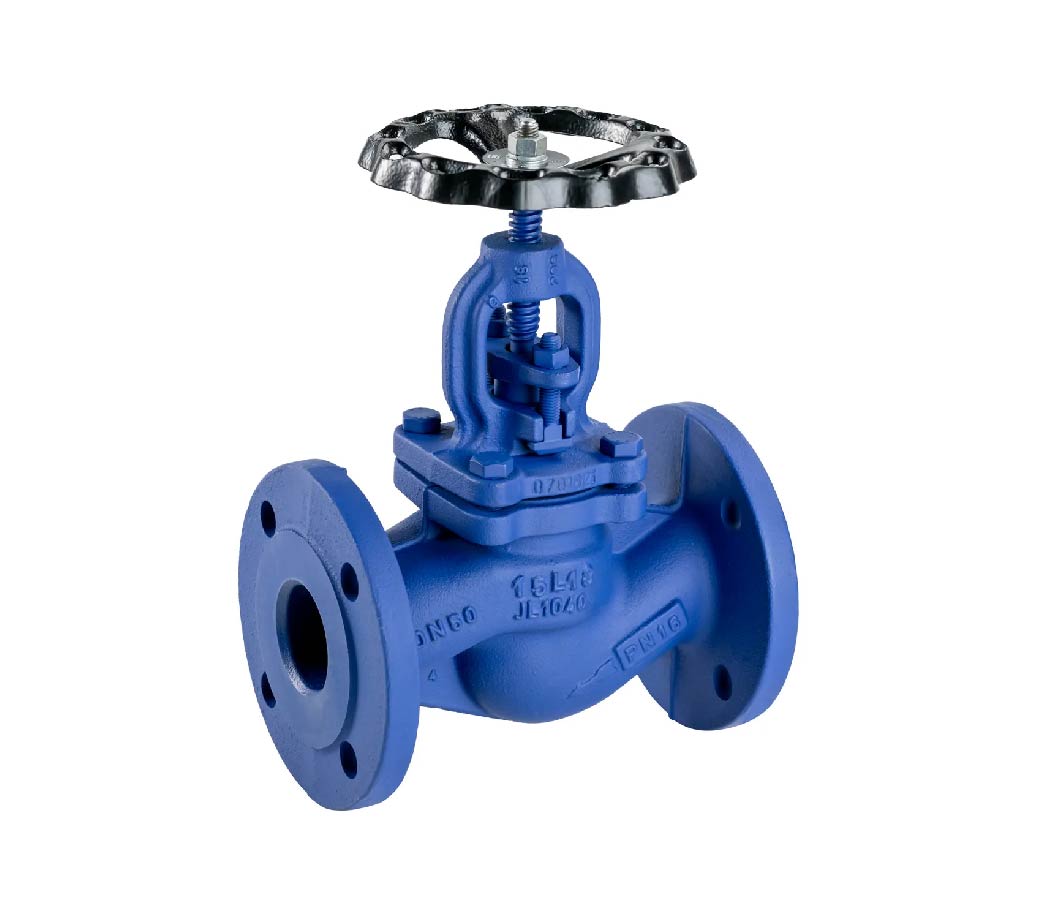 Industrial cast iron globe valve with handwheel and flanged ends for pipeline flow regulation.